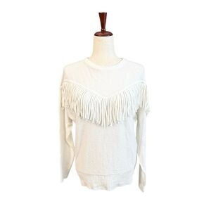 Chelsea & Theodore White Fringe Crew Sweater Ivory Size M #2086 NWT